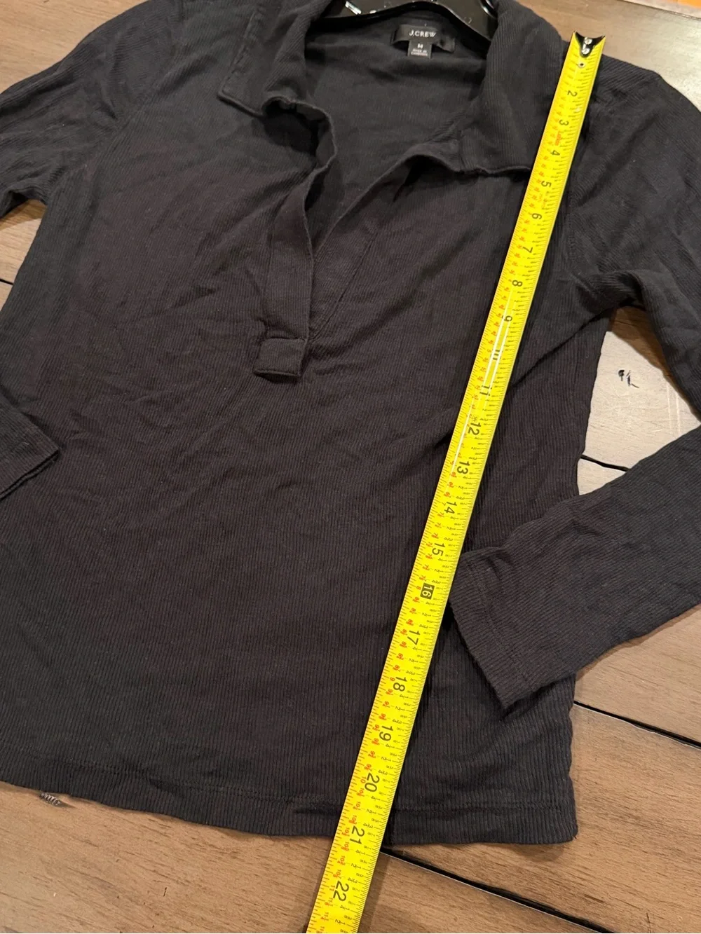 J. Crew Women's Soft Long-Sleeve Ribbed Black Polo T Shirt V-Neck Top #447